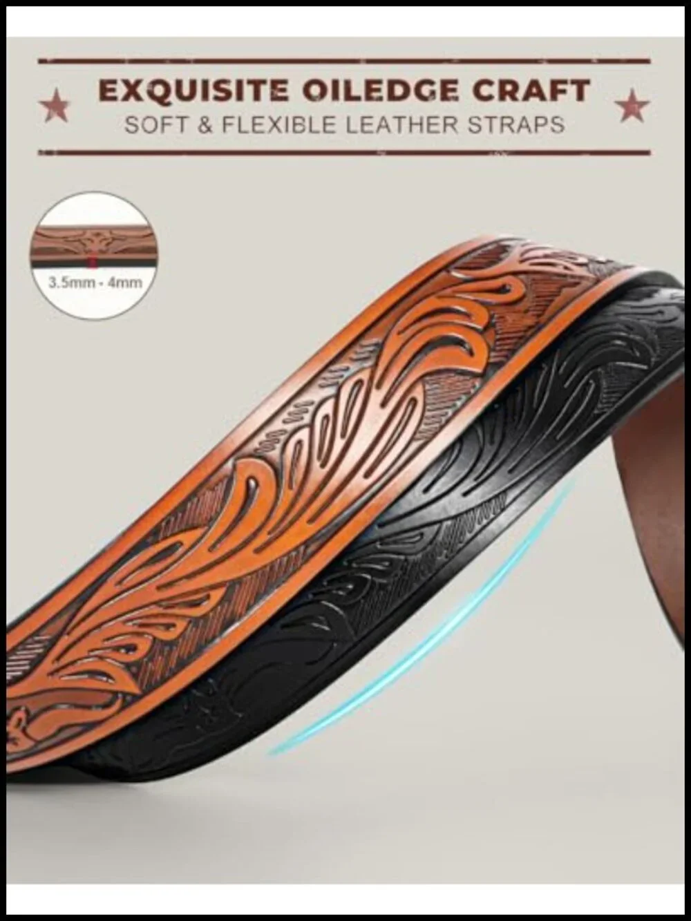Handmade Western Leather Belt Straps 2 Pack, Embossed Cowboy Cowgirl Belt, No